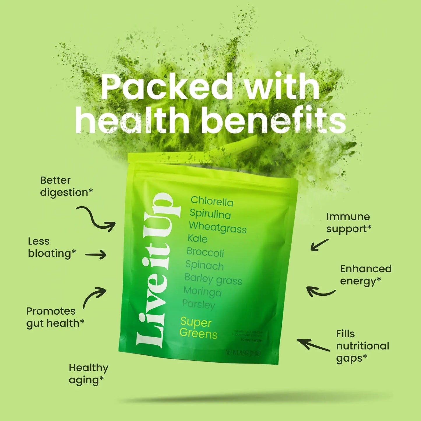 Live It Up Super Greens Powder All-Natural Plant-Based Superfood 60 Servings