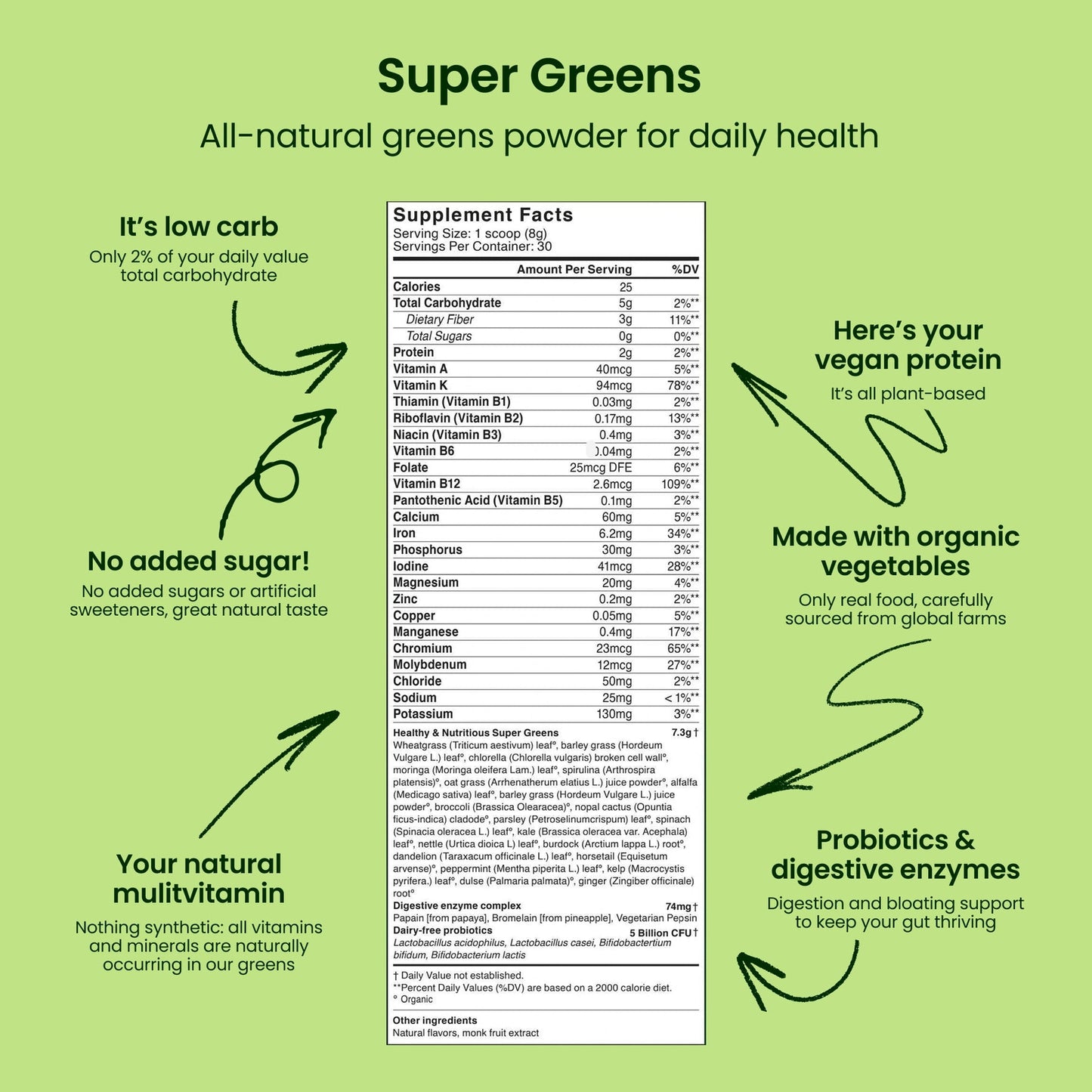 Live It Up Super Greens Powder All-Natural Plant-Based Superfood 60 Servings